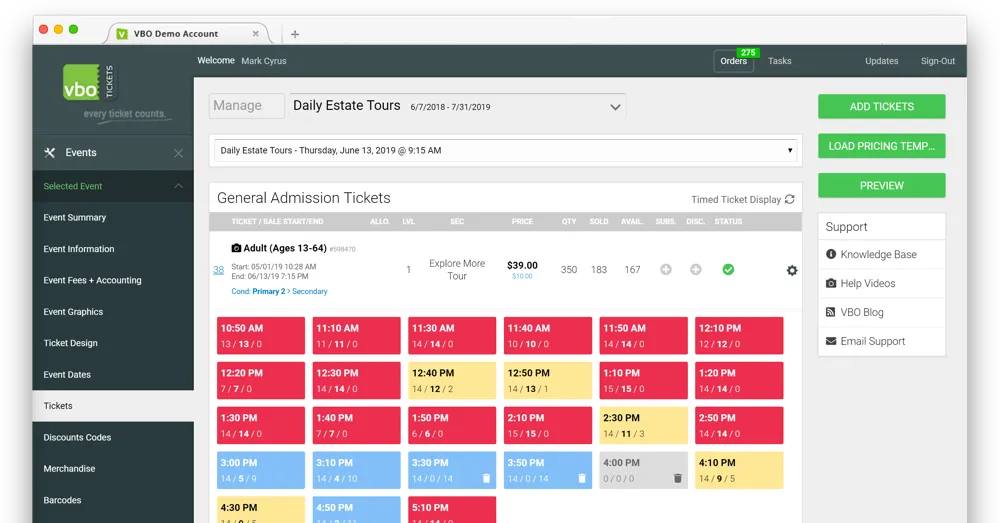 VBO Back timed ticketing