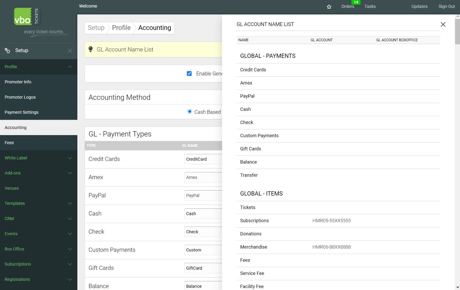 VBO Accounting Panel GL Numbers