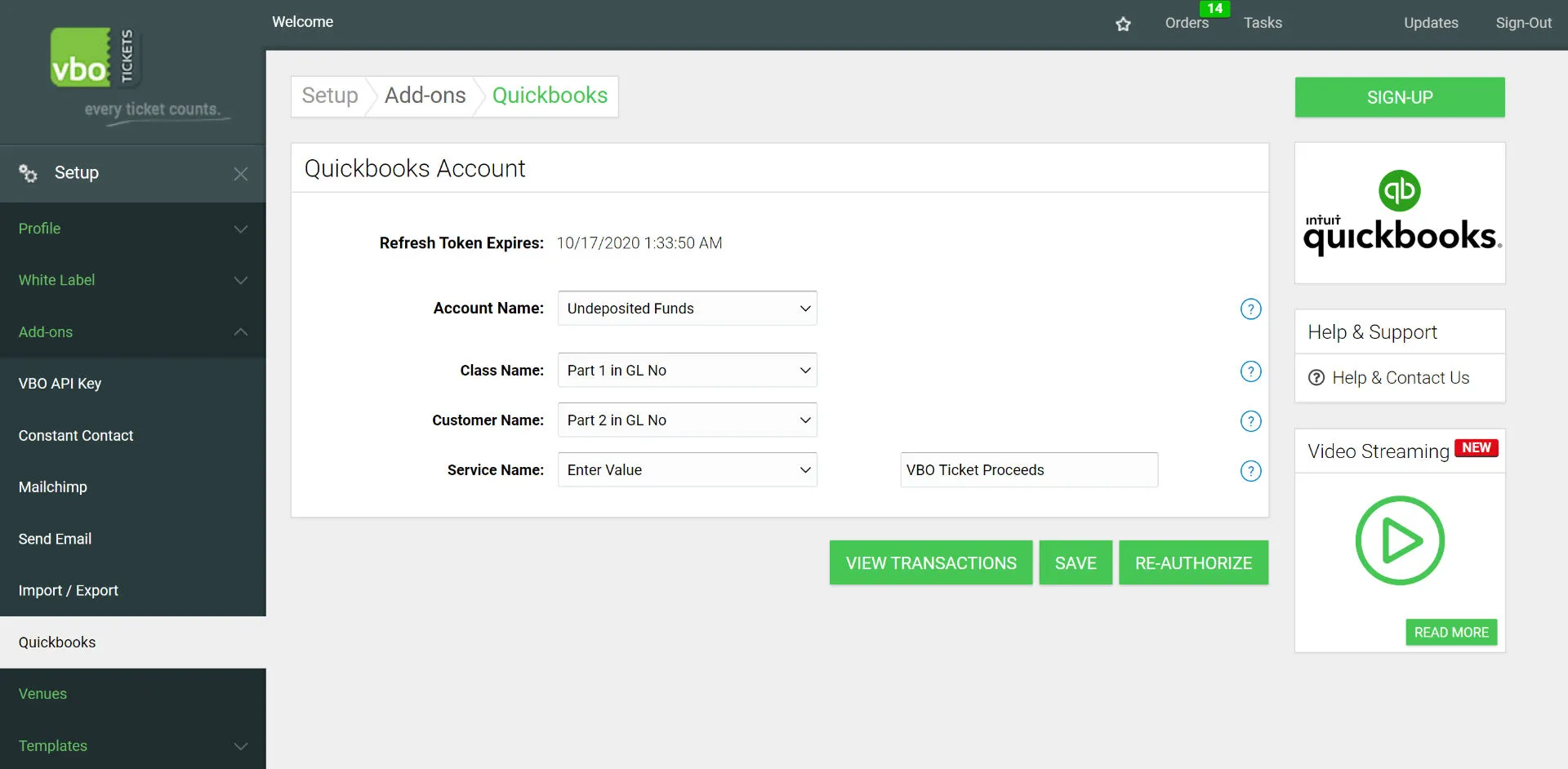 Quickbooks VBO settings