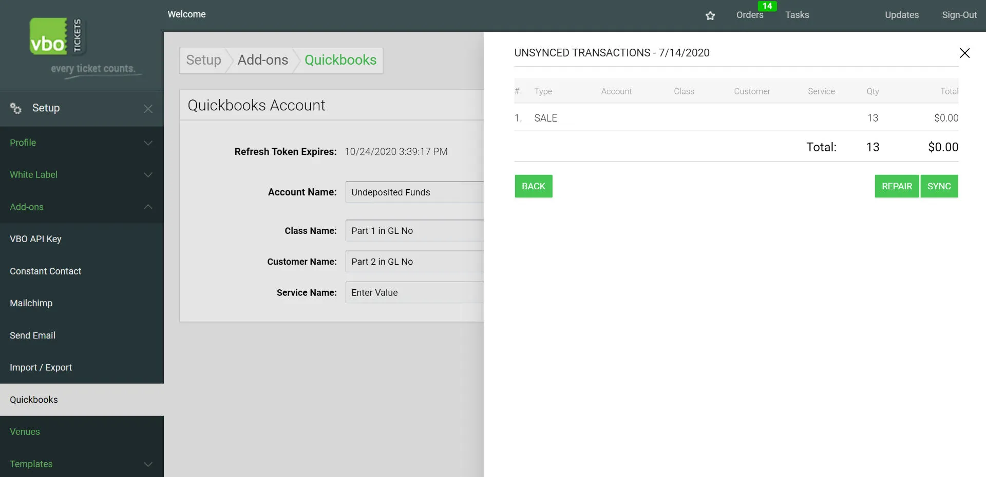 Quickbooks VBO transactions